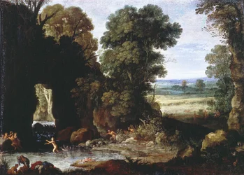 Paesaggio boschivo con ninfe e satiri