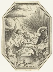 Paesaggio con ponte di pietra in cornice ottagonale