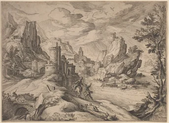 Paesaggio fluviale con viaggiatori
