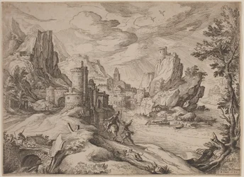 Paesaggio fluviale con viaggiatori