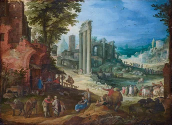 Veduta del Foro Romano con le colonne dei templi di Castore e Polluce e la Basilica di Adriano