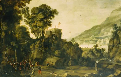 Un Paesaggio Fluviale Montuoso con una Scena della Vita di Guglielmo Tell