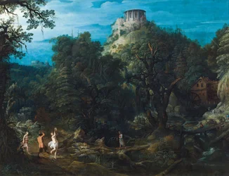 Un paesaggio fittamente boscoso con il Tempio di Vesta a Tivoli e un satiro e delle ninfe che danzano in una valle (olio su rame)