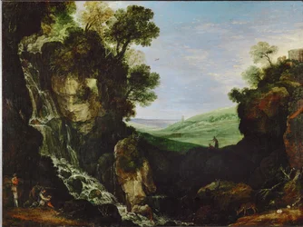 Paesaggio con cascata e Tempio di Vesta a Tivoli