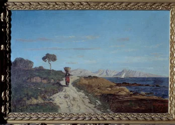 Intorno a Marsiglia nel 1866: paesaggio marino con donna che porta un cesto sulla testa e cammina su una strada. Dipinto di Paul Camille Guigou. 1866. Museo del Perigord