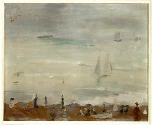 Sulla spiaggia, Dieppe, impressione, mare grigio (olio su tela)
