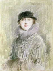 Ritratto di una Signora con Colletto e Muff di Pelliccia, XX secolo (disegno)
