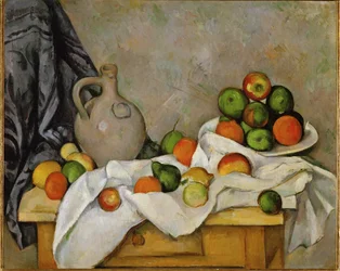 Tenda, brocca e ciotola di frutta (olio su tela)