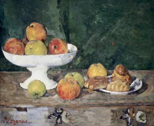 Mele e torte. Dipinto di Paul Cezanne (1839-1906), 1873-1877 circa. Olio su tela. Collezione privata.