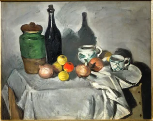 Natura morta: Vaso, bottiglia, tazza e frutta (olio su tela)
