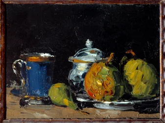 Zuccheriera, tazza blu e pere