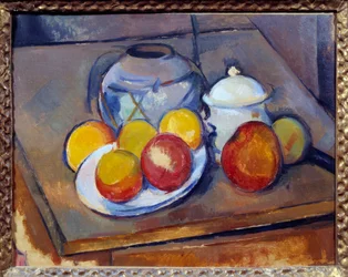Vaso di paglia, zuccheriera e mele
