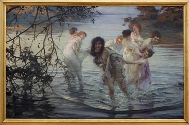 Giovani donne che si divertono nuotando in un fiume
