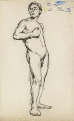 Studio accademico di un nudo maschile con la mano destra stretta sul petto, 1865
