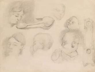 Studi di una testa di bambino, una testa di donna, un cucchiaio e un orologio a pendolo, c1872