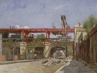 Lavoratori che sollevano i binari della ferrovia della circonvallazione sul ponte di Rue de la Voute, Parigi, 1888