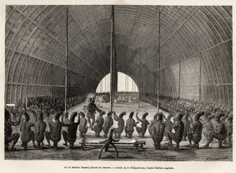 Mounza, re dei Mombouttous (Zaire), che danza davanti al suo serraglio, composto da 80 donne, incisione dopo il disegno di P.Philippoteaux, illustrando un viaggio nel cuore dell