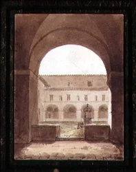 Veduta di un chiostro con un pozzo