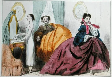 Cartone animato che satira la moda del crinolina, c.1860