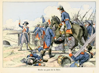 Hoche al ponte della Dyle: Nel marzo 1793, coprendo la ritirata al passaggio della Dyle davanti a Lovanio (Belgio), Lazare Hoche (1768-1797) combatté contro gli austriaci - illustrazione di Emile Boutigny (1853-1929) In "Hoche-Marceau-Desaix" di Théodore
