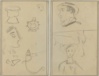 Una caricatura e cinque forme; Un uomo di profilo, una creatura alata e un ragazzo [verso]