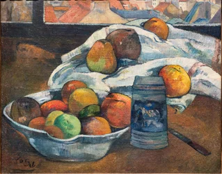 Ciotola di frutta e un boccale davanti a una finestra, c.1890