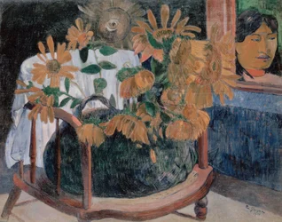 Francese: Nature morte avec des tournesols sur un fauteuil (II) Girasoli