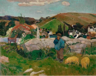 Contadini, maiali e un villaggio a cielo sereno (olio su tela)