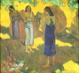 Tre donne tahitiane su sfondo giallo