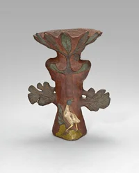 Vaso a forma di pianta tropicale con uccello e divinità, 1887-88