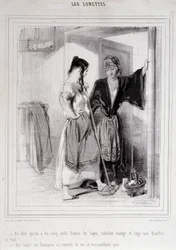 2 donne povere in conversazione sulle scale riguardo agli uomini, "Les Lorettes", Gavarni, c. 1840