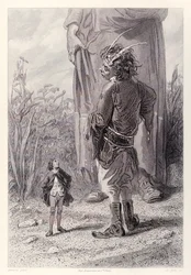 Gulliver incontra il nano alto 30 piedi della Regina che è felice di avere qualcuno a corte più piccolo di lui da tormentare, dall