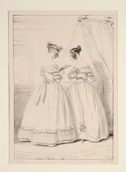 GENNAIO 1838. Abito di crêpe guarnito con un volant di tulle arricciato.