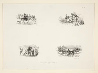 Quattro soggetti: Una cavalcata; Quattro bambini; Una contadina che porta un bambino piccolo; Viaggiatori