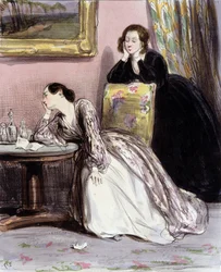 Due donne in conversazione sugli amanti, "Fourreries de femmes", Gavarni, c. 1840