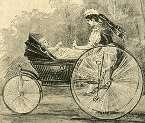 Kinder-Waerterin (tata), illustrazione di Paul Heydel, una carrozzina va come una bicicletta, dalla rivista Ueber Land und Meer. Deutsche Illustrirte Zeitung