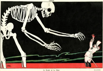 Il Kaiser e la morte. Prima guerra mondiale 1914-1918: Guglielmo II (1859-1941) in un mare di sangue minacciato da uno scheletro. Caricatura che mette in evidenza la stupidità tedesca meccanicistica e derisoria, sostenendo così il morale dei francesi