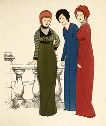 Tre signore in abiti (litografia a colori)