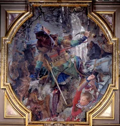 La visione di San Uberto, che andato a caccia in una foresta, vede miracolosamente Dio apparire sotto forma di cervo. Tela marouflée di Paul Jacques Aimé Baudry (1828-1886) 1882