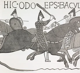 Il vescovo Edues con in mano il bastone della carica e incoraggia i soldati del duca di Normandia durante la battaglia di Hastings. Dopo un dettaglio dell