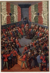Carlo VII presiede il giudizio di Giovanni, Duca di Alençon (alleato degli inglesi) a Vendôme nel 1458 - dopo la miniatura di Fouquet, in "Vita militare e religiosa nel Medioevo e nel Rinascimento" di Paul Lacroix, Parigi