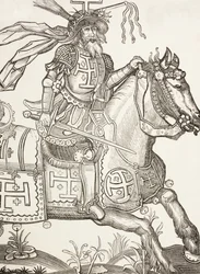 Goffredo di Buglione, 1060-1100 circa, cavaliere franco medievale. Uno dei capi della Prima crociata. Qui raffigurato incoronato con gli strumenti della Passione di Cristo. Da una xilografia del XV secolo.