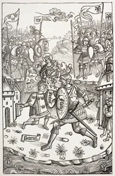Re Artus, o Artù, protetto dalla Vergine, combatte contro un gigante. Dopo una xilografia in Chroniques De Bretagne, di Alain Bouchard, pubblicata nel 1514.