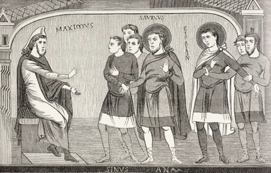 I santi Savino e Cipriano confessano al proconsole Galerio Massimo di essere cristiani. Da un affresco dell