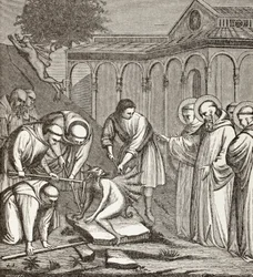 San Benedetto e il diavolo. Quando Benedetto stava costruendo una cappella, il diavolo si sedette su una pietra e nessuno riuscì a spostarlo finché San Benedetto non benedisse la pietra. Allora il diavolo prese il volo.