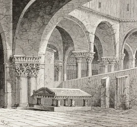 Tomba di Goffredo di Boullon, 1060-1100 circa, come esisteva nella Chiesa del Santo Sepolcro, a Gerusalemme. La tomba è ora distrutta. Da un disegno realizzato sul posto nel 1828.