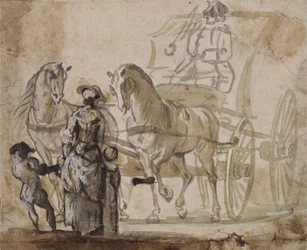 Una carrozza e coppia, con cocchiere