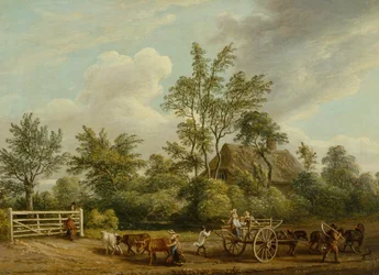 Un carro di fieno con lavoratori agricoli e bestiame vicino a Easton Park, Suffolk