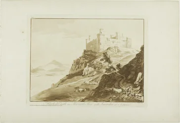 Castello di Harlech nella contea di Merioneth con Snowdon in lontananza