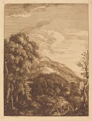 Paesaggio montuoso con cascata, torre rotonda, castello e banditi